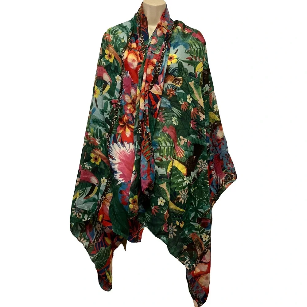 Antica Sartoria Giacomo Cinque Tropical Jungle Bird Scarf Shawl Wrap Green Red